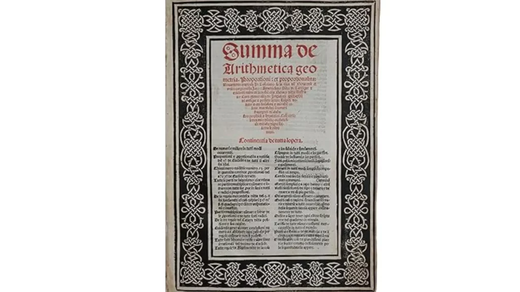 rontespizio originale della “Summa de Arithmetica” di Luca Pacioli, stampata a Venezia nel 1494, con titolo in rosso e decorazioni tipografiche rinascimentali.