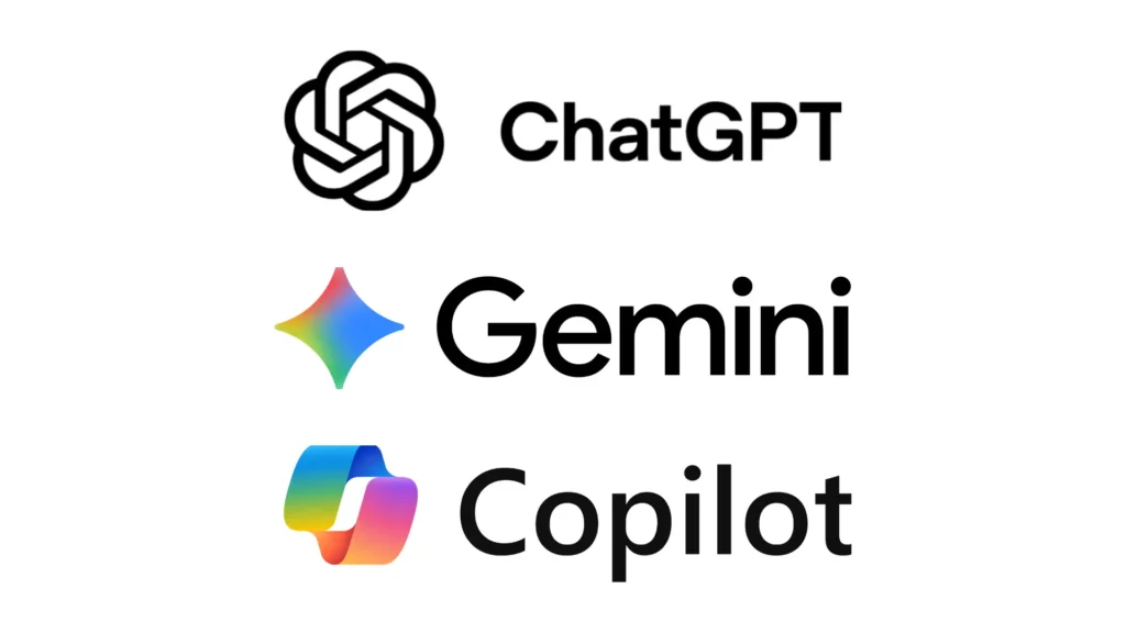 Loghi di ChatGPT, Google Gemini e Microsoft Copilot: i tre strumenti AI più usati negli studi professionali e commercialisti