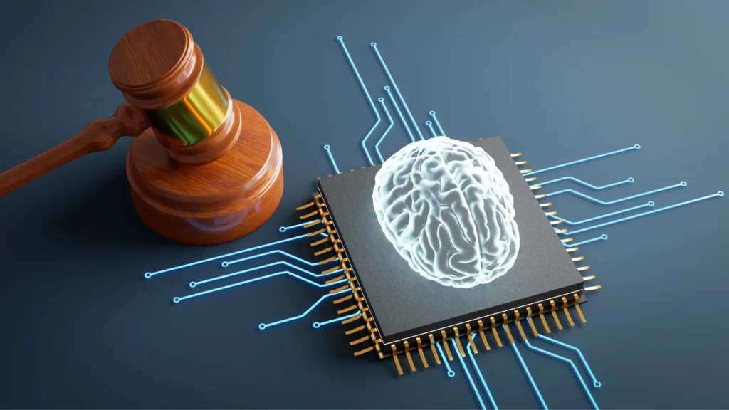 Martello giudiziario accanto a un processore con cervello digitale – simbolo del quadro normativo sull'intelligenza artificiale per i professionisti