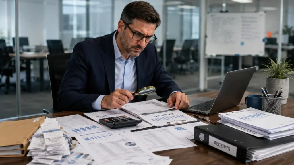 Commercialista analizza con una lente d'ingrandimento un report fiscale tra documenti, calcolatrice e laptop
